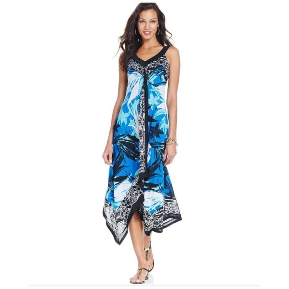Style & Co. Printed Ruffle Maxi Dress in Blue Womens Sz S